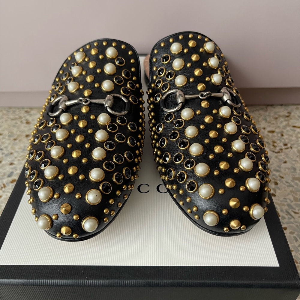 Gucci Princeton Pearl Studded Mules NWT! 37/7 black Horsebit NEVER WORN! Leather - Picture 8 of 9